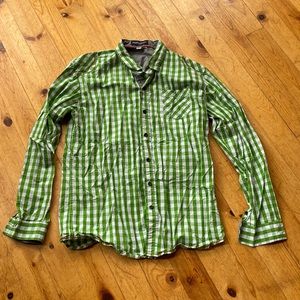 Fred’s Marshall green/white plaid red trim L